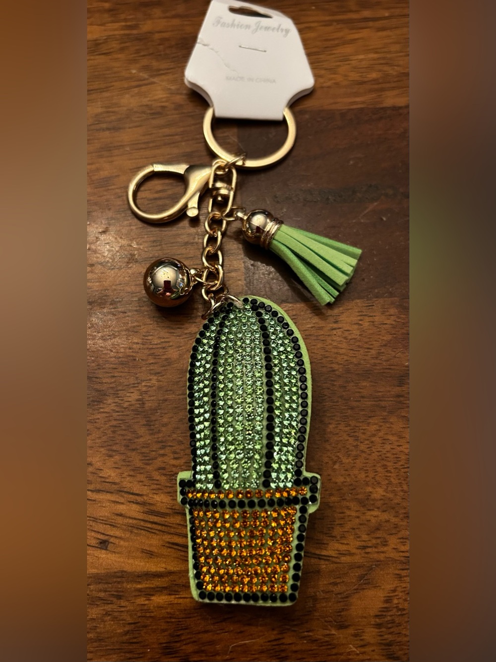Fashion Jewelry Green & Gold Cactus Crystal Bag Charm and Keychain with Tassel